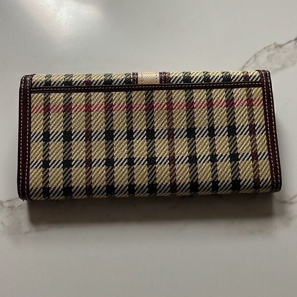DAKS London Plaid Check  Tri Fold Wallet Clutch Burgundy Leather Trim - Picture 2 of 9